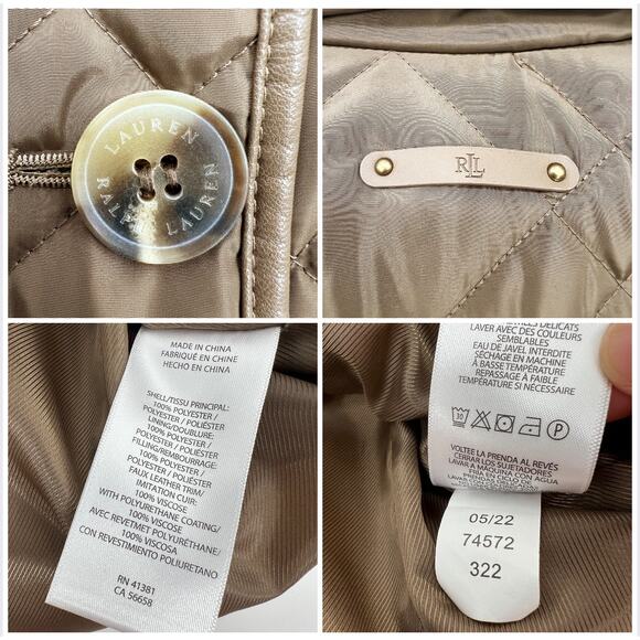 Lauren Ralph Lauren Quilted Jacket Women Large Logo Tan Puffer Faux Leather Trim - Picture 8 of 10